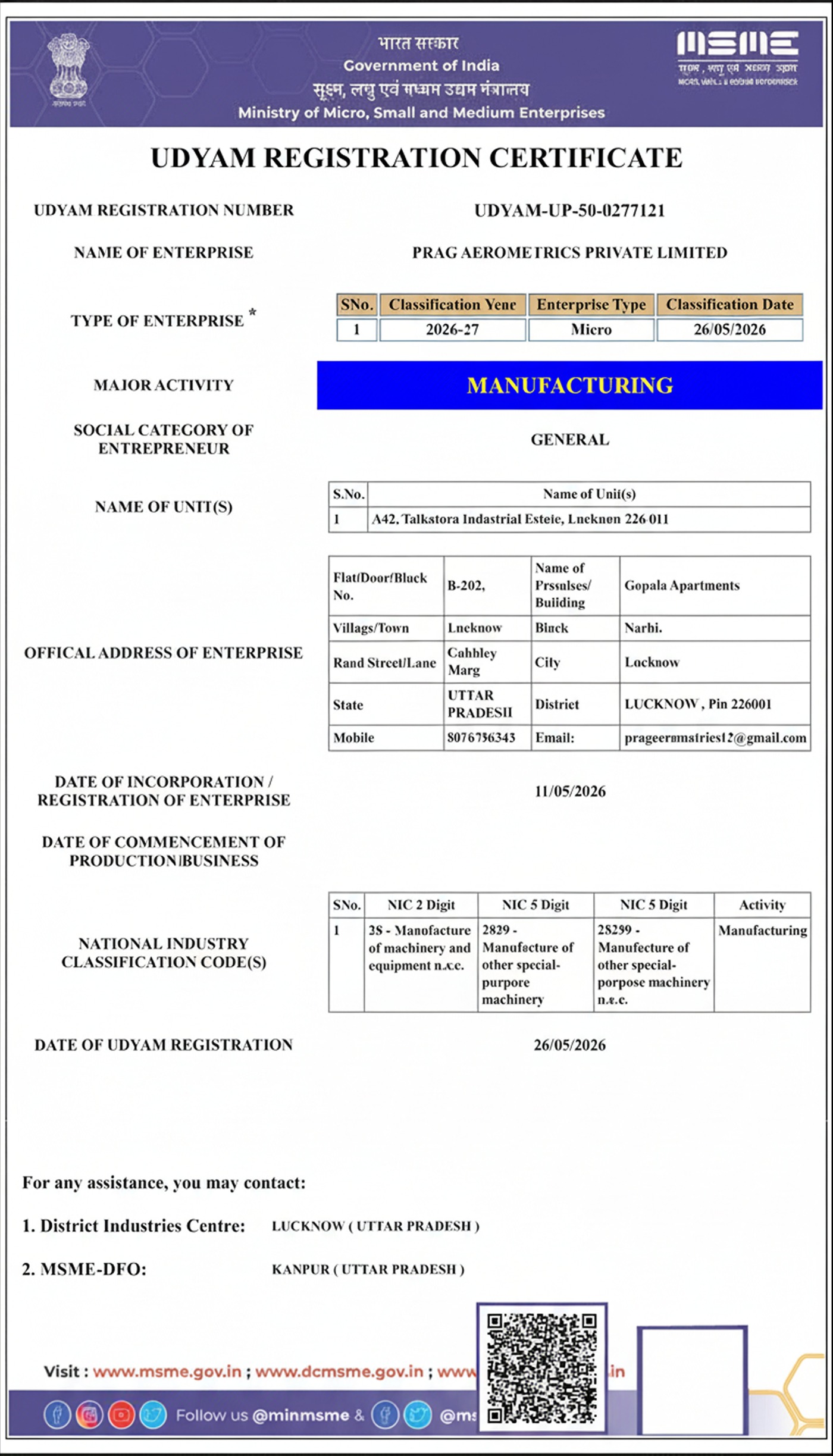 Prag Aerometrics Udyam registration certificate
